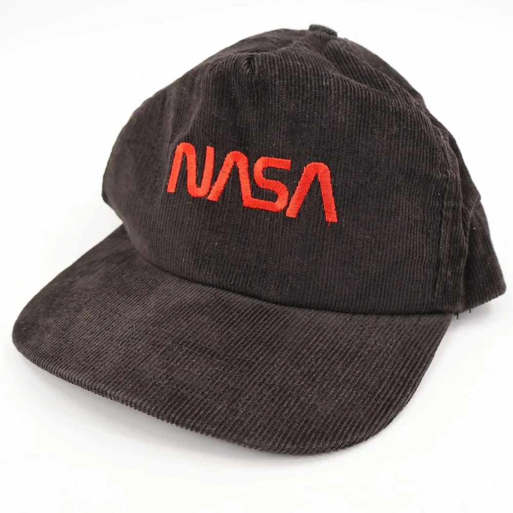 NASA Corduroy AB‎ Emblems Hat Mens OSFM Brown Red Worm Logo Snapback Vintage USA